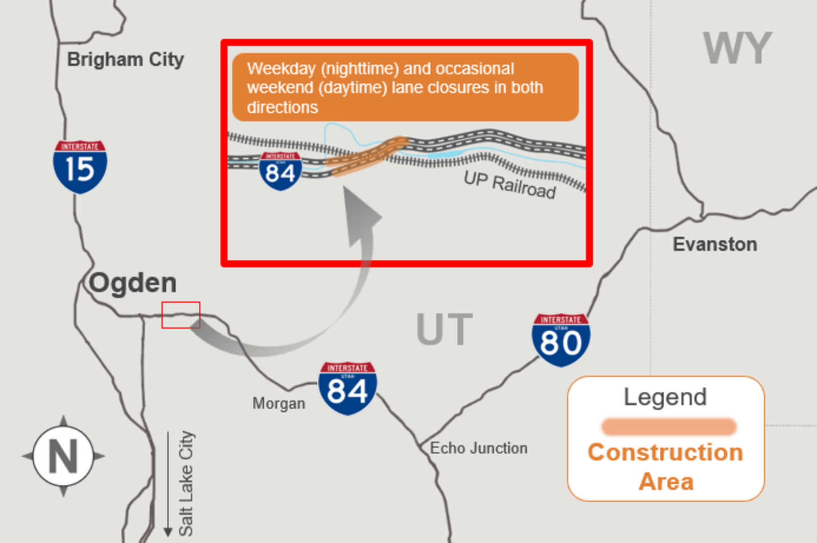 Construction and lane closures are scheduled for I-84 near Morgan, Utah