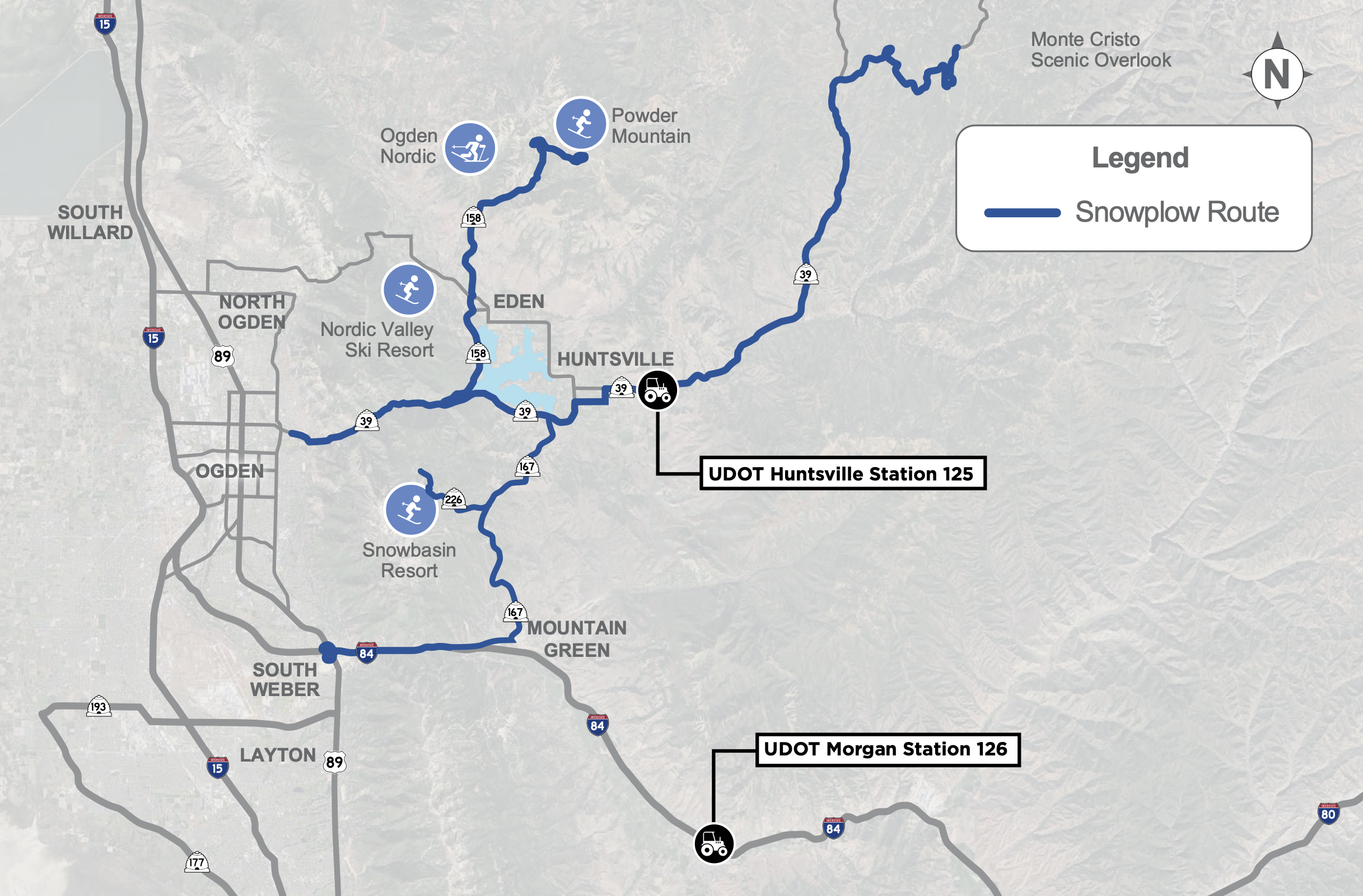 Map illustrating snowplow routes and key UDT station locations in the Cascade region