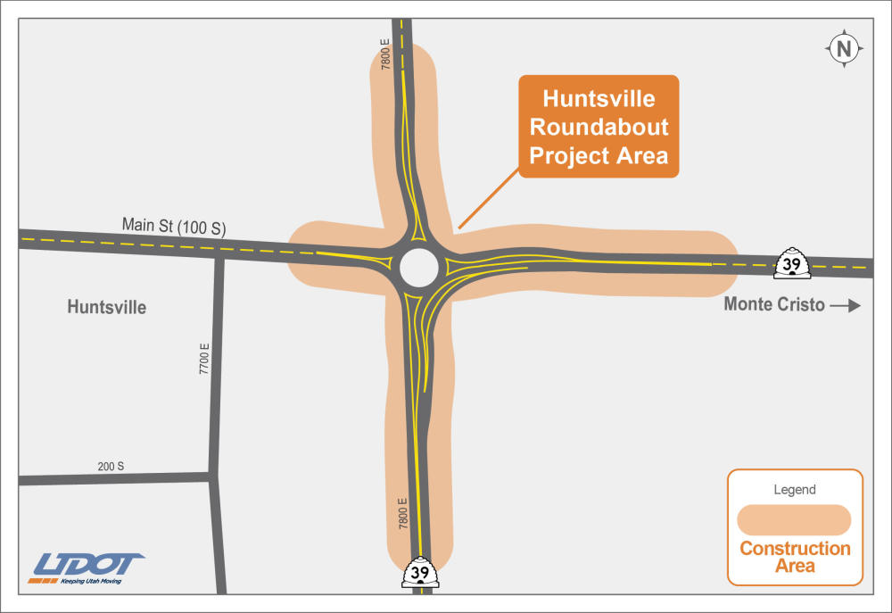 Map showing the Huntsville Roundabout Project Area intersection at Main St and Monte Cristo