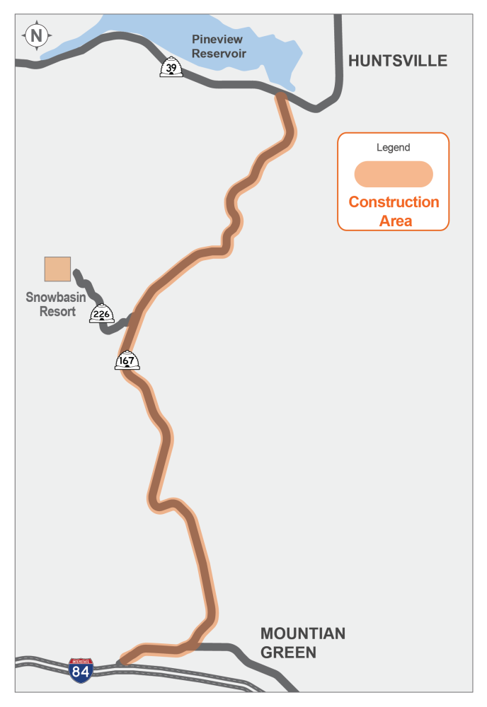 Highway map showing the construction area near Snowbasin Resort