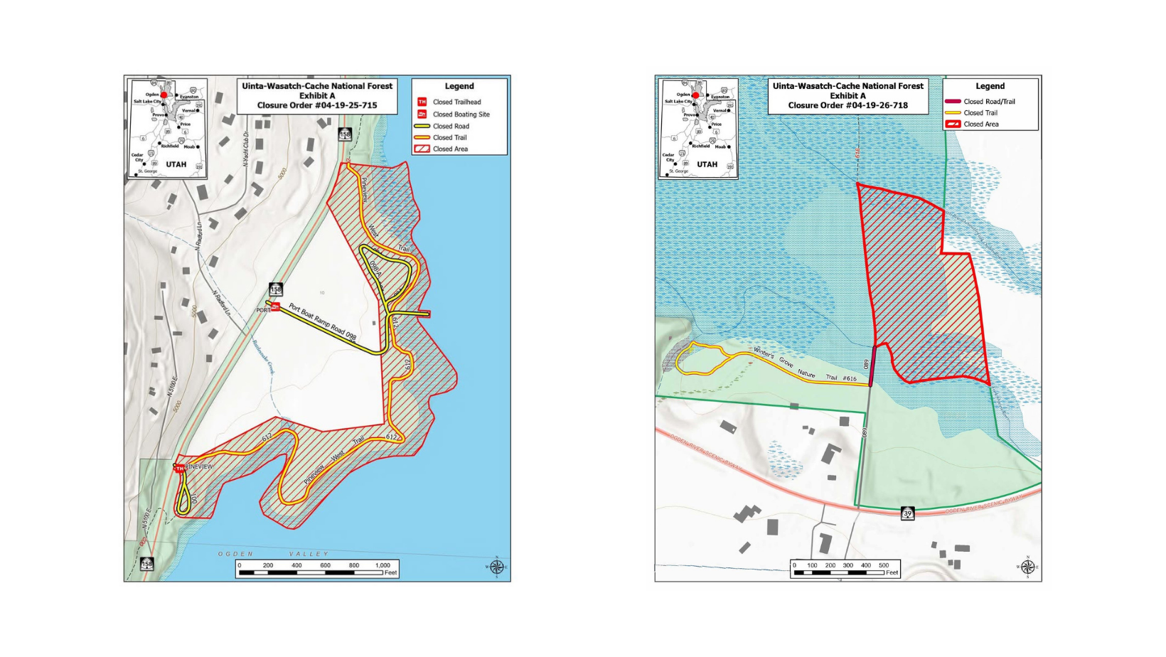 Side-by-side forest maps showing closed orders, trails, and restricted areas