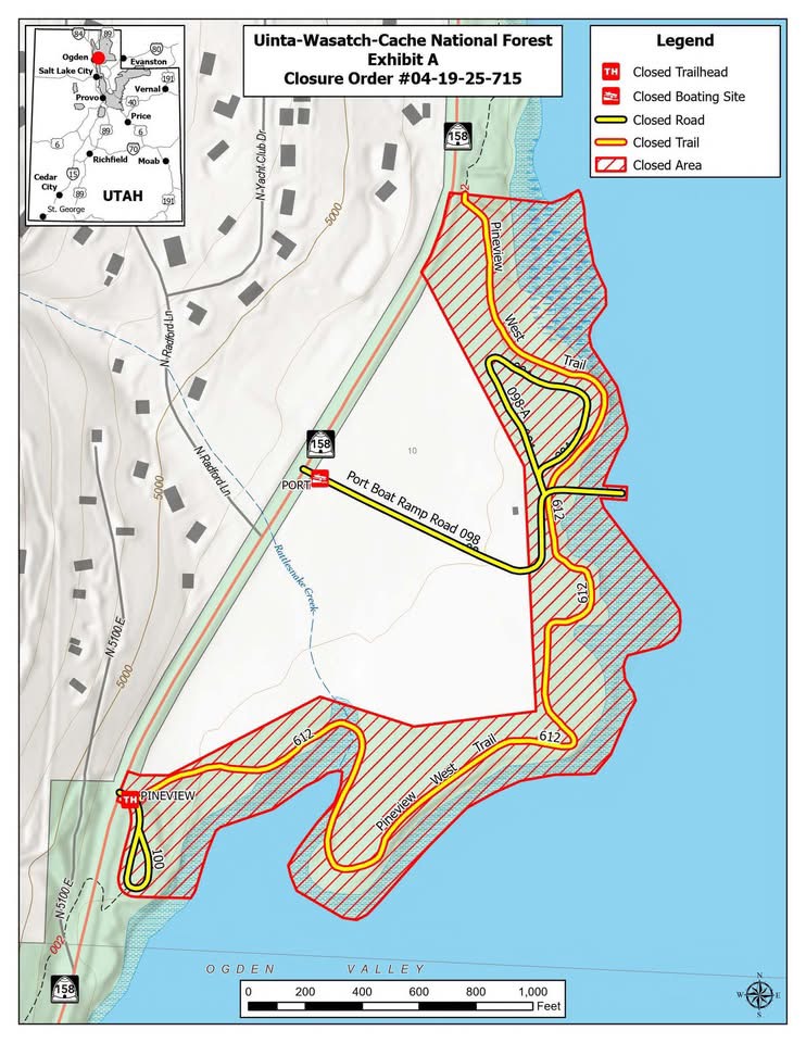 Uinta-Wasatch-Cache National Forest closure order map detailing restricted trails and areas