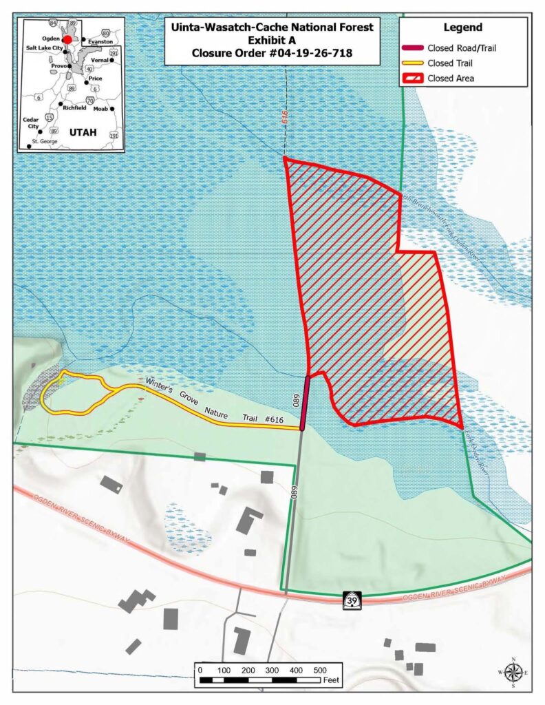 Map illustrating a large red-lined closure area in the National Forest