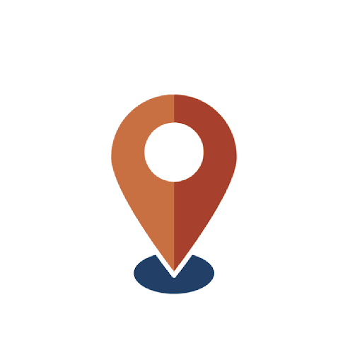 A stylized location marker pin with a white circular cutout in the center. The pin is vertically split down the middle with light orange-brown on the left and a darker reddish-brown on the right, hovering over a flat, dark blue oval shadow
