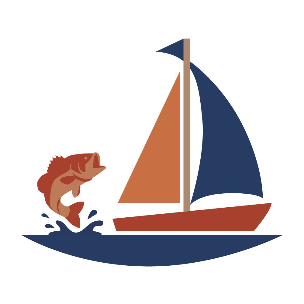 A stylized illustration of a sailboat sitting atop water and a leaping fish representing water recreation