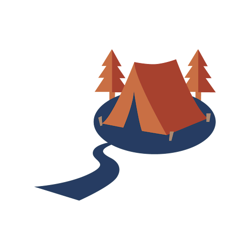 A stylized illustration of a campsite featuring an orange A-frame tent pitched, with two orange-brown pine trees standing directly behind it and a winding path representing trails and camping