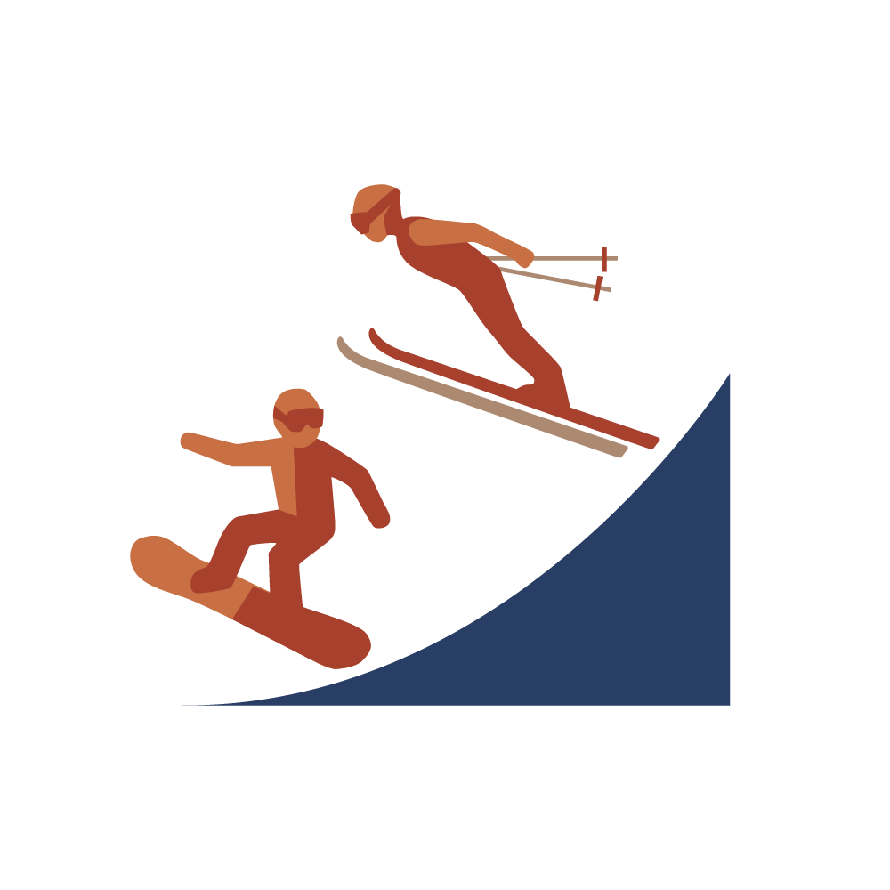 A stylized illustration depicting winter sports on a dark blue slope. On the right, a skier is captured mid-air. On the left, a snowboarder rides down the steep, curved edge of a dark blue ski ramp