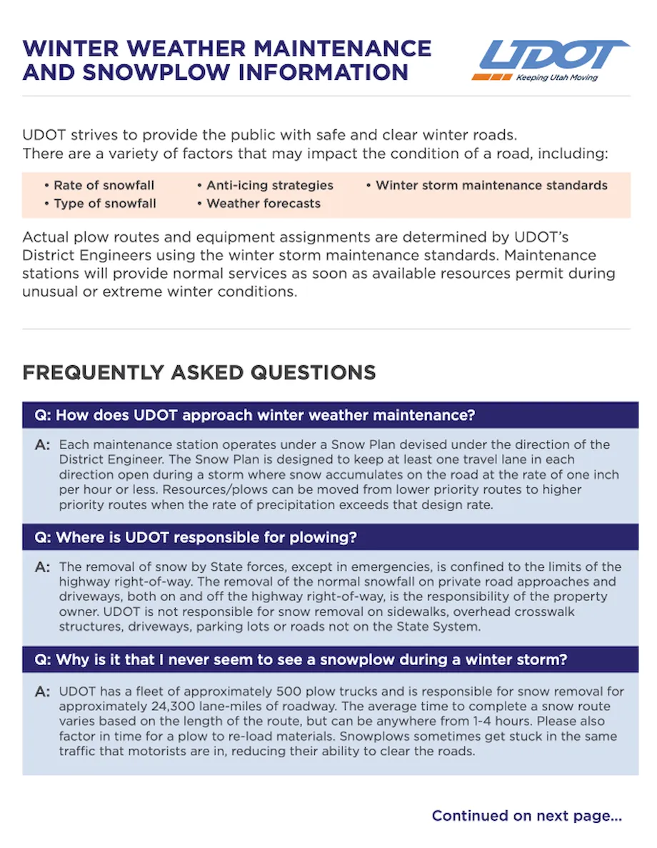 UDOT snowplow information regarding winter weather maintenance and road conditions
